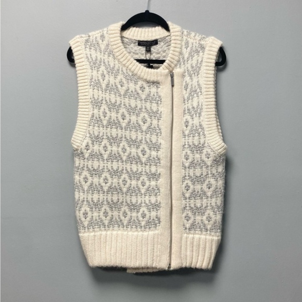 Banana Republic Asymmetrical Zip Fair Isle Sweater Vest Wool Alpaca Cream Grey S